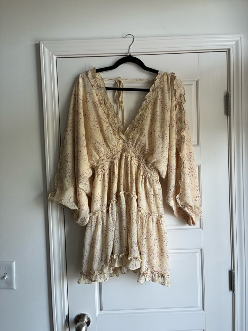 Storia Cream Floral Ruffle Dress with Purple and Orange Accents